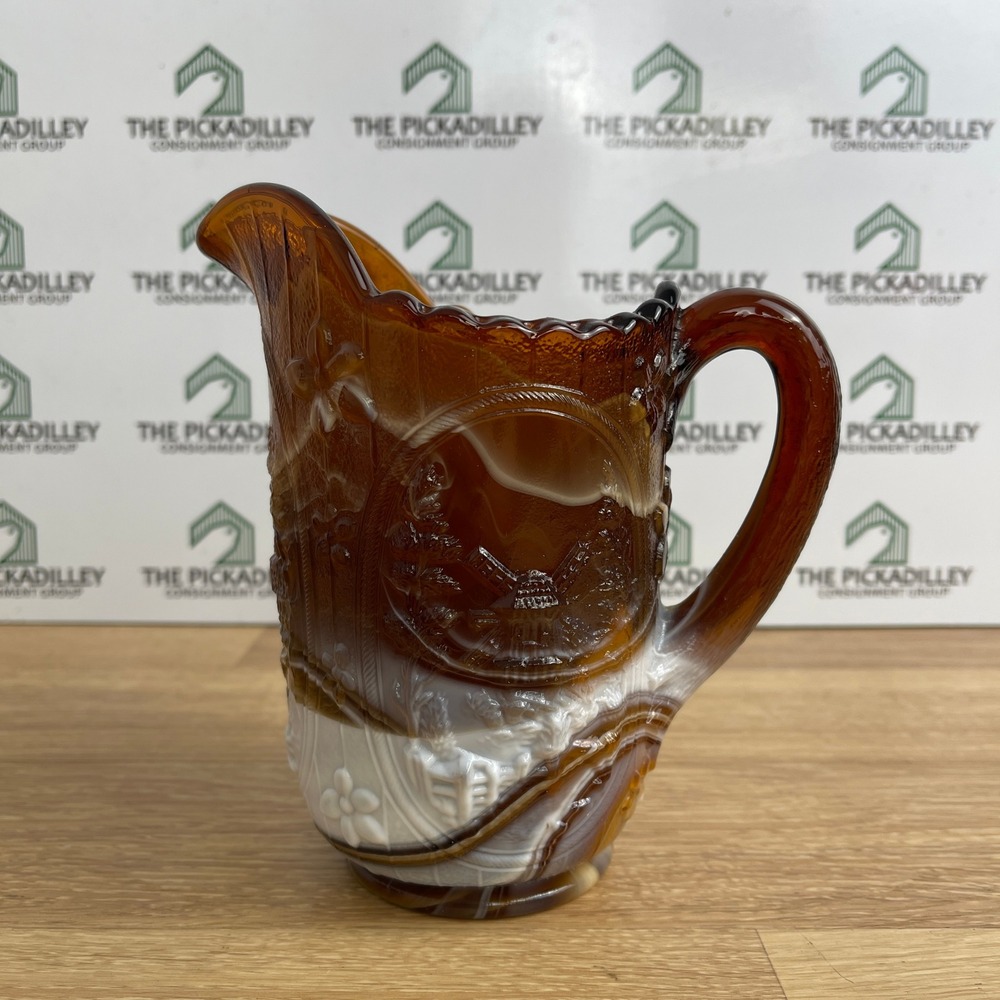 Imperial Glass Chocolate Slag Windmill Pitcher Brown White Marbled Vintage 5.5in